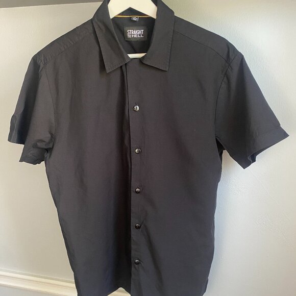 STRAIGHT TO HELL BLACK SHORT SLEEVE BUTTON UP SHIRT - Picture 1 of 5